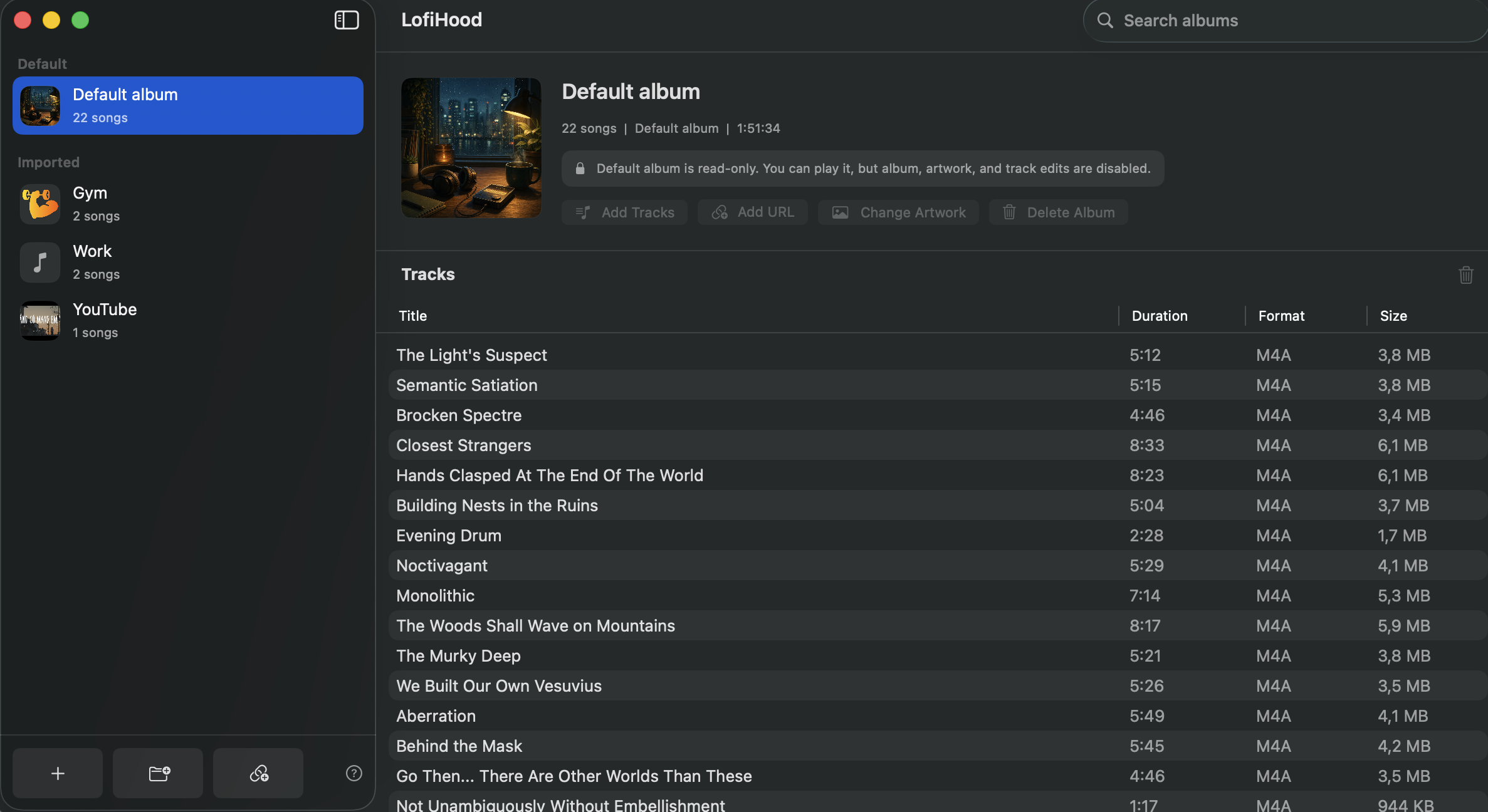 LofiHood album manager showing local albums, search, track list, duration, format, and size columns.