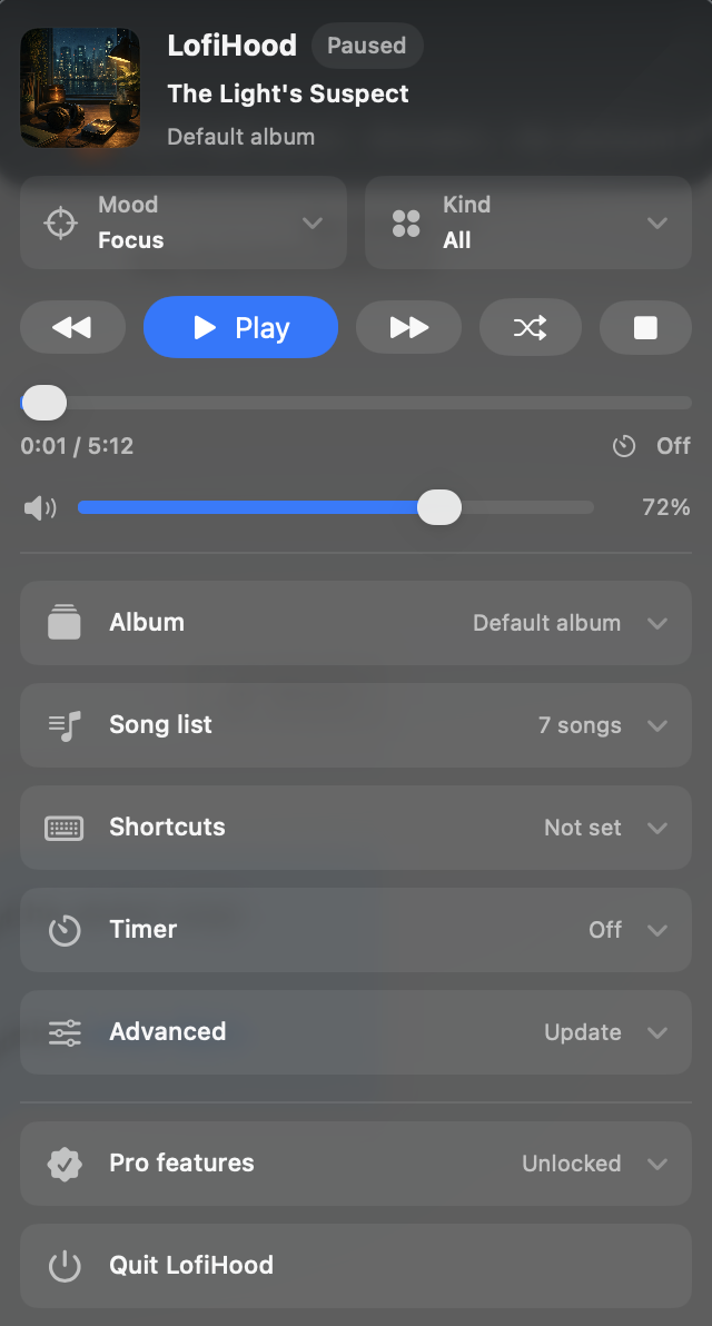 LofiHood menu bar player with mood, kind, playback, timer, shortcut, and advanced controls.