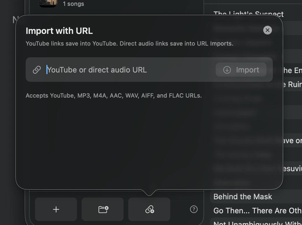 LofiHood URL import popover accepting YouTube and direct audio URLs.